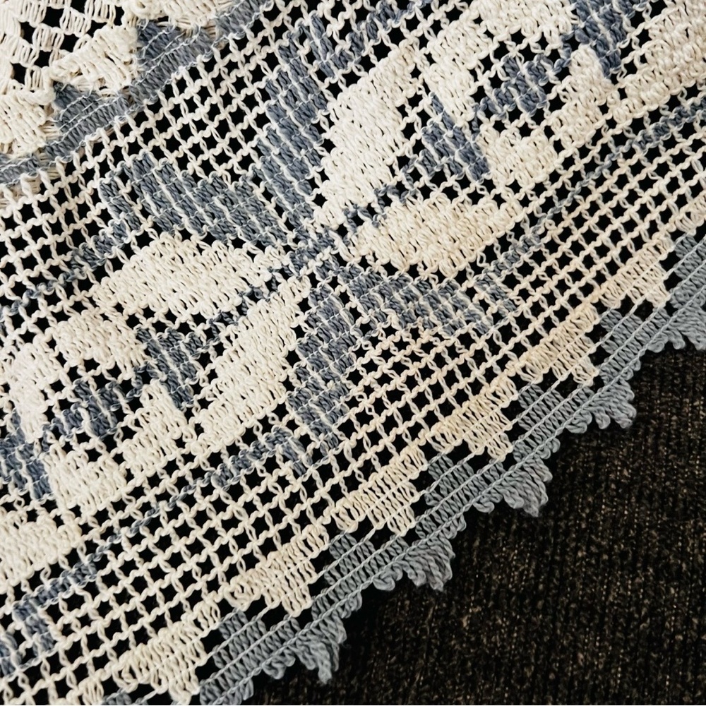 🏠 Vintage Filet Crocheted Lace Blue & White Cafe Window Swag Curtains